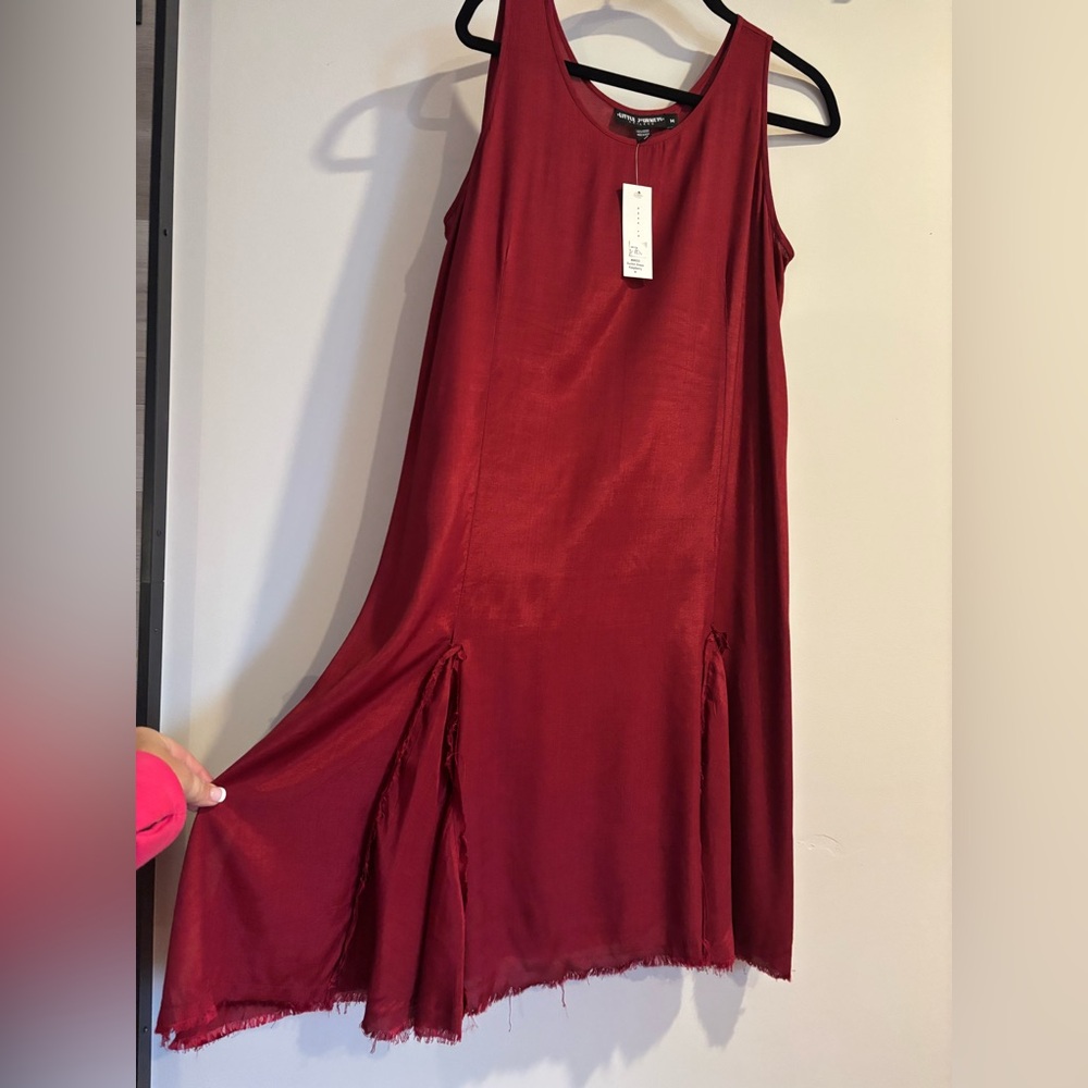Little Journey Casual Deep Red Midi Dress with Raw Hem